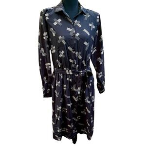 Vintage Liz Claiborne Belted Shirt Dress Size 8 Button Front Geometric Black Tan